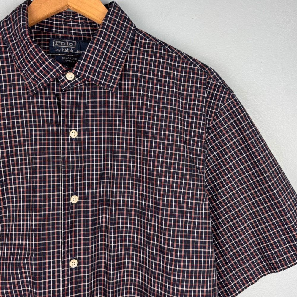 Polo Ralph Lauren Mens XL Blue White Plaid Bradford Button Up Short Sleeve Shirt